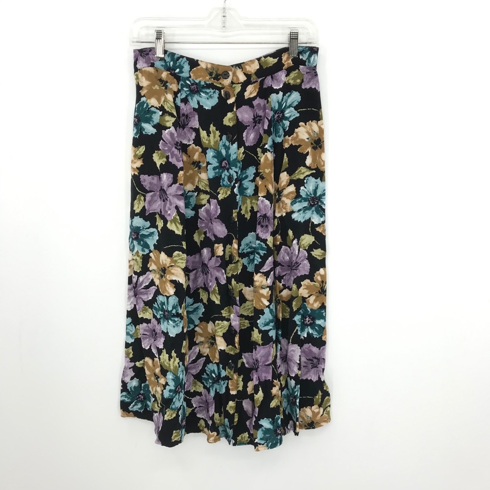 Sag Harbor Floral Boho Maxi Skirt Button Up Black